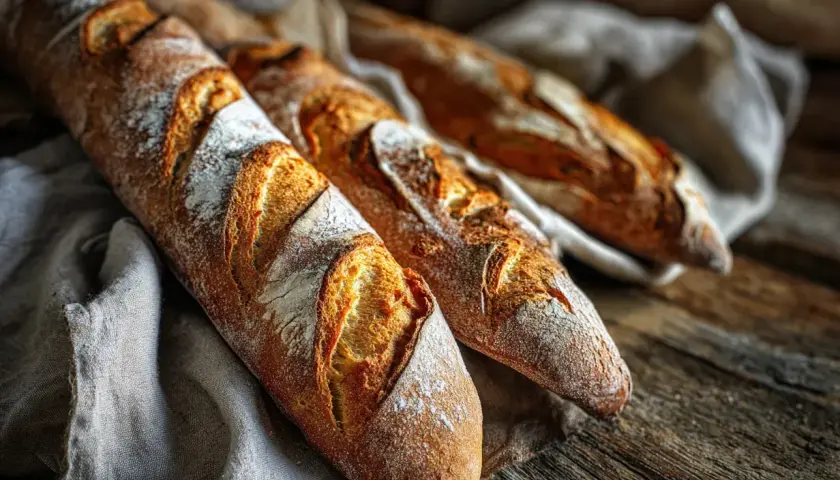 Tre nybakade baguetter med gyllene skorpa, redo för ett gott baguette recept.