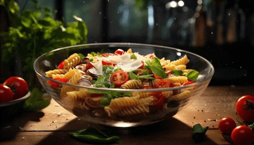 A glass bowl of fusilli pasta salad with tomatoes, basil, red onion, and shaved parmesan cheese.