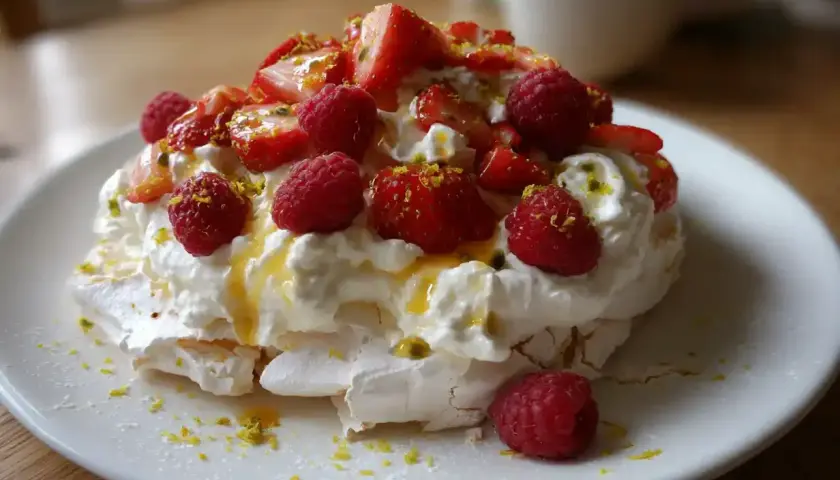 En vacker pavlova med vispgrädde, färska hallon, jordgubbar och passionsfrukt. Ett perfekt pavlova recept för sommaren.