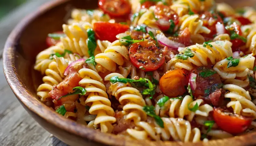En härlig italiensk pastasallad med fusilli, körsbärstomater, rödlök och färska örter i en träskål.