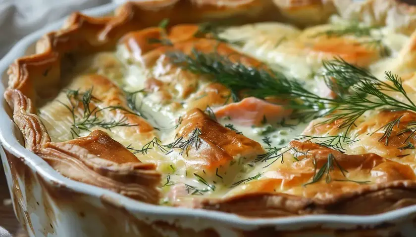 En gyllene laxpaj med dill och krämig fyllning, redo att serveras.