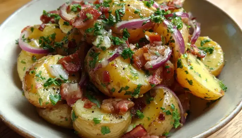 En skål med tysk potatissallad, full av potatis, knaperstekt bacon, rödlök och färsk persilja.