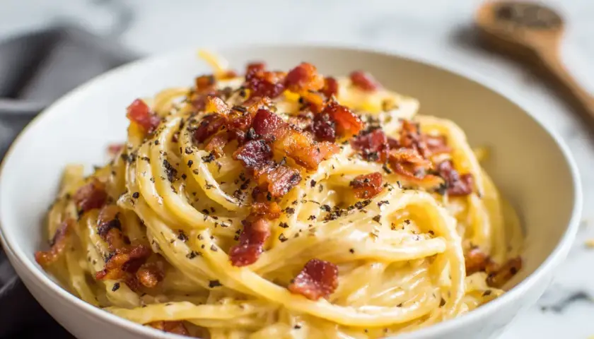 En skål med krämig pasta carbonara, toppad med krispigt bacon och nymalen svartpeppar.
