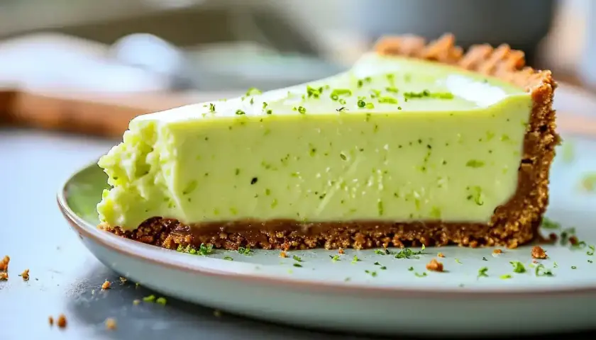 En krämig limecheesecake med krispig botten, toppad med rivet limeskal. Perfekt för att se om man kan frysa cheesecake för senare njutning.