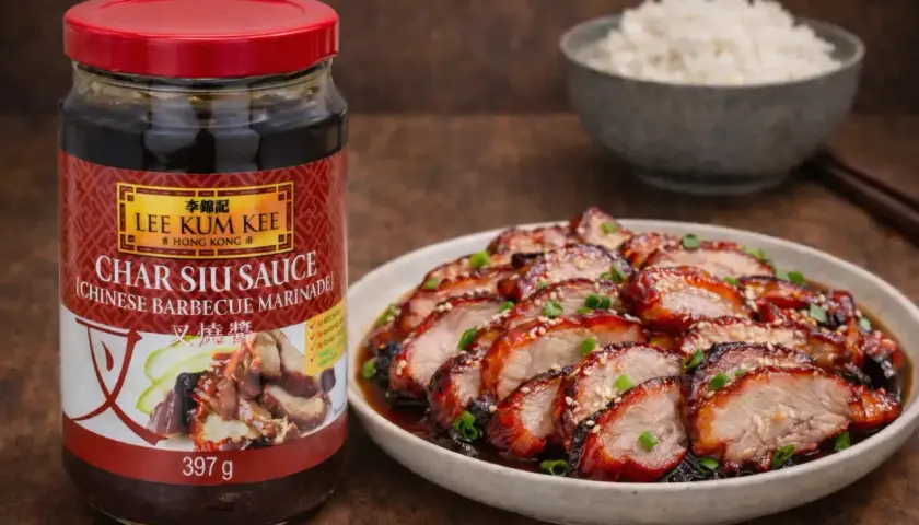 En burk Lee Kum Kee Char Siu Sauce, en kinesisk bbq sås, bredvid en tallrik med skivat, glaserat fläskkött och en skål ris.
