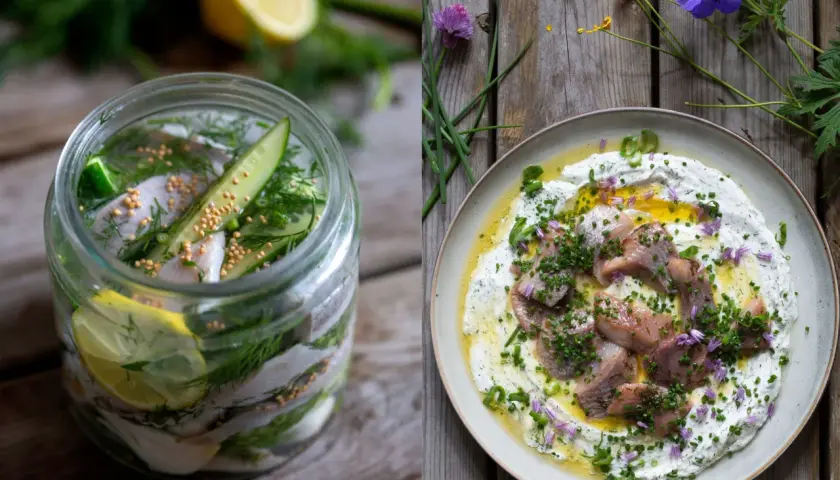 Inlagd sill i burk med dill, citron och gurka. Sill på en bädd av gräddfil med gräslök och blommor. Klassisk midsommar mat.