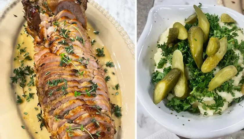 Skivad fläskfilé med örter och en skål med potatismos, cornichoner och persilja. Perfekt för ett somrigt **picnicbog recept**.