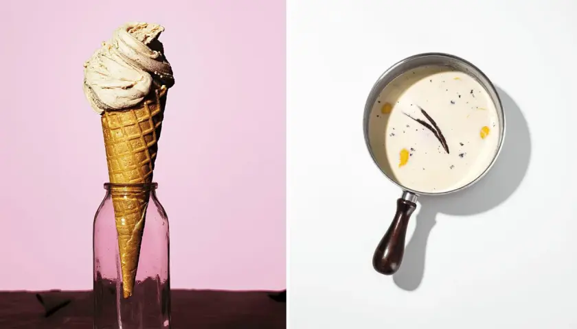 En strut med krämig glass i en glasflaska bredvid en kastrull med vaniljkräm, ingredienser för ett perfekt gelato recept.