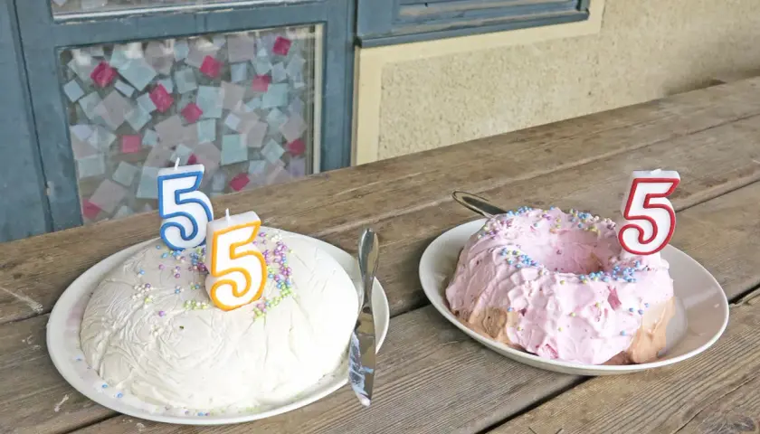 Two ice cream cakes, one white and one pink, decorated with sprinkles and "5" candles.