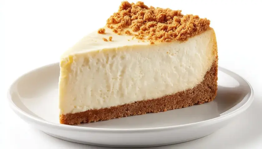 En krämig bit cheesecake med kexbotten och smulor på toppen. Perfekt för ett enkelt cheesecake recept.