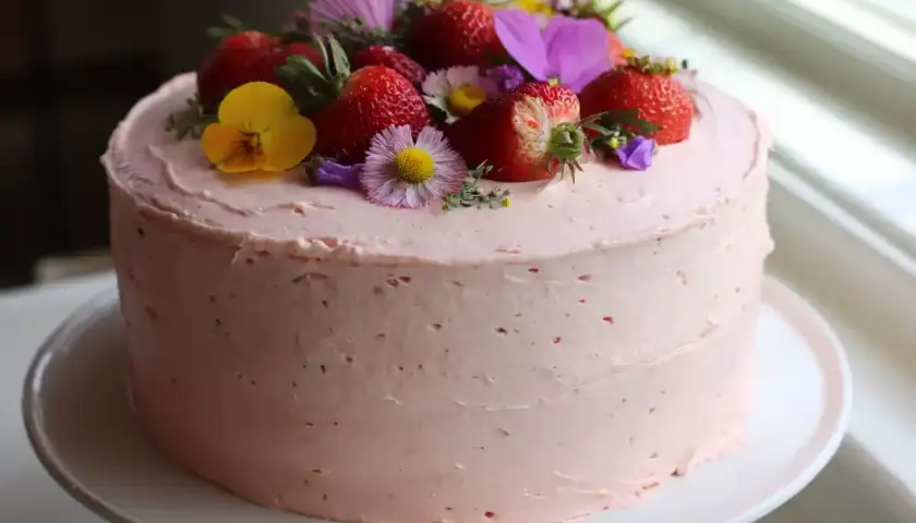 Enkel babyshower tårta med rosa frosting, toppad med färska jordgubbar och vilda blommor. Perfekt för att fira en nyfödd.