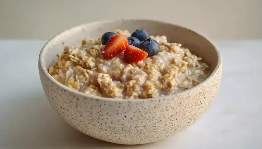 En skål med krämiga overnight oats, toppad med färska jordgubbar och blåbär. Perfekt för en snabb och näringsrik frukost.