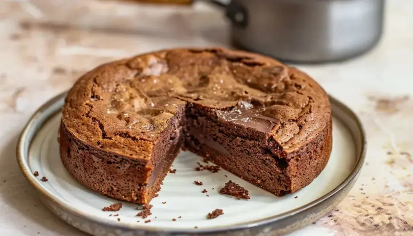 A sliced, rich chocolate cake with a gooey center sits on a plate, with a saucepan in the background.