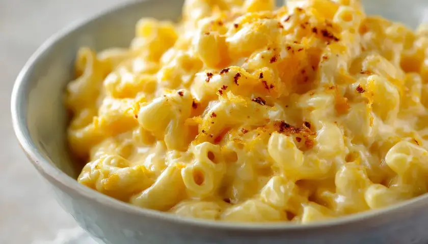 En skål med krämig mac and cheese, toppad med riven ost och lite kryddor.
