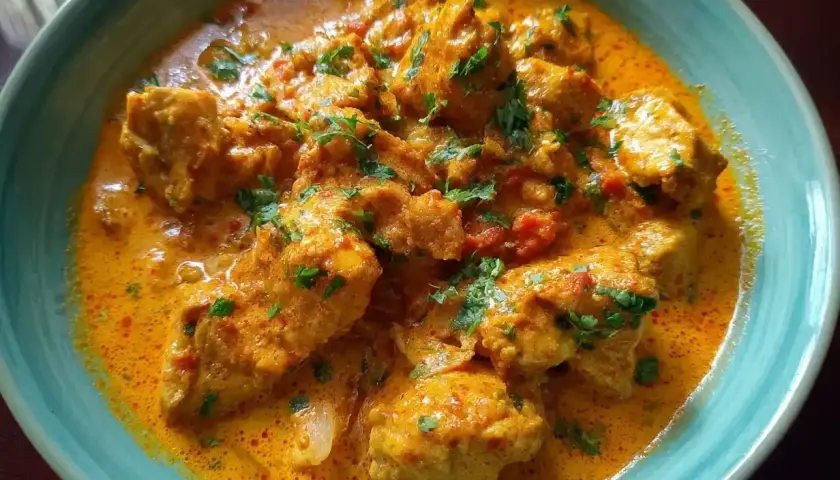 En skål med krämig tikka masala med kycklingbitar, garnerad med färsk koriander.