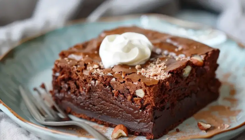 En saftig chokladbrownie med hasselnötter, toppad med grädde. Perfekt för ett brownie recept!