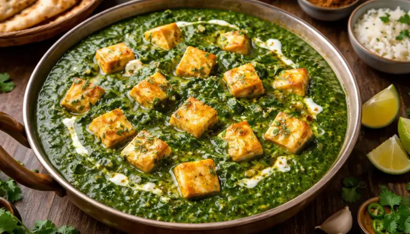 En skål med krämig palak paneer, en indisk rätt med spenat och ostkuber, garnerad med en virvel av grädde.