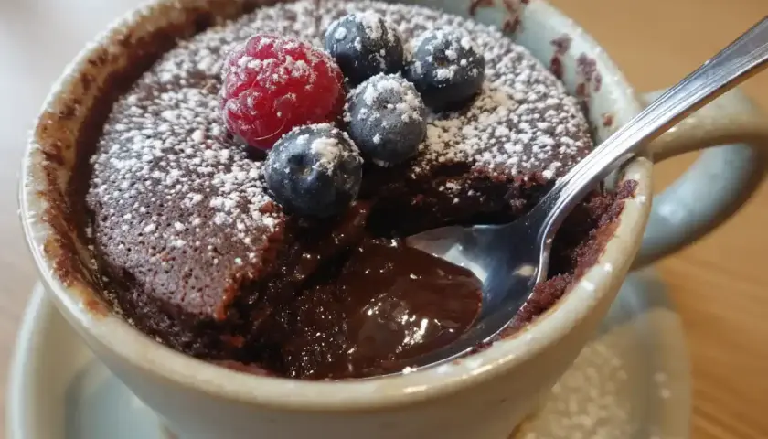 Chokladig muggkaka med bär och florsocker. Ett enkelt muggkaka recept som är perfekt för fikat.