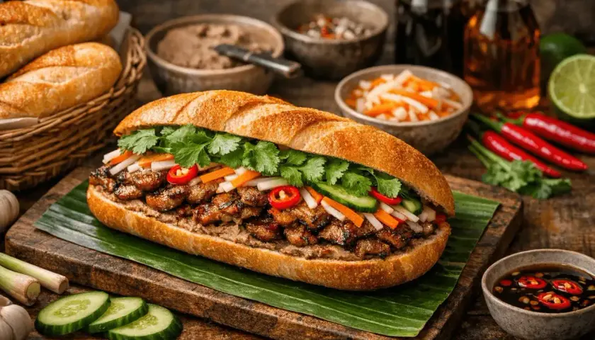 En saftig banh mi med grillat kött, färska grönsaker och koriander. Serveras med tillbehör som chilipicklad morot och gurka.