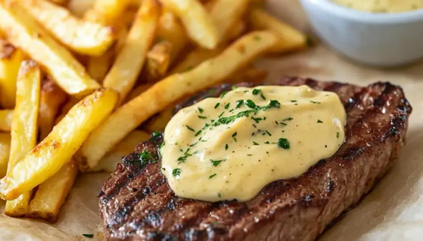 Biff med pommes frites och krämig bearnaisesås, perfekt för ett bearnaisesås recept med stavmixer.