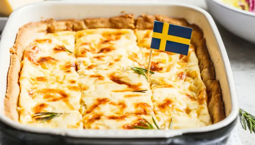 En gyllene västerbottenpaj till många, dekorerad med en svensk flagga och rosmarin. Perfekt för firande!