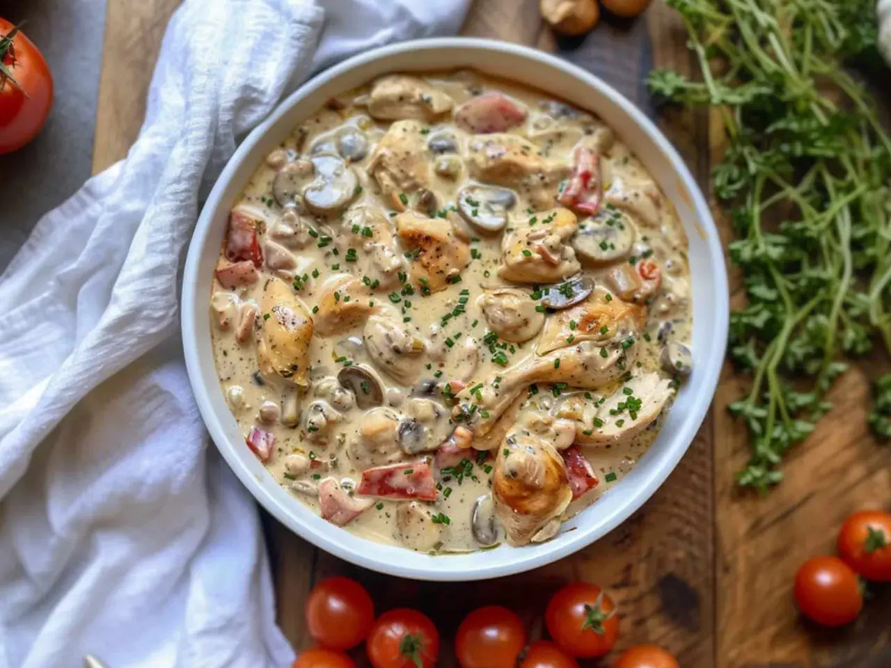 En krämig kycklingpaj med soltorkade tomater, champinjoner och örter. Serveras i en vit skål, omgiven av färska tomater och persilja.