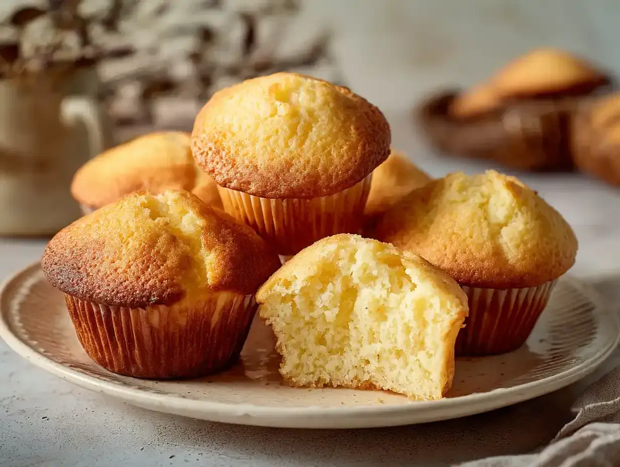 En hög med saftiga muffins på en tallrik, en av dem är delad och visar en mjuk insida.