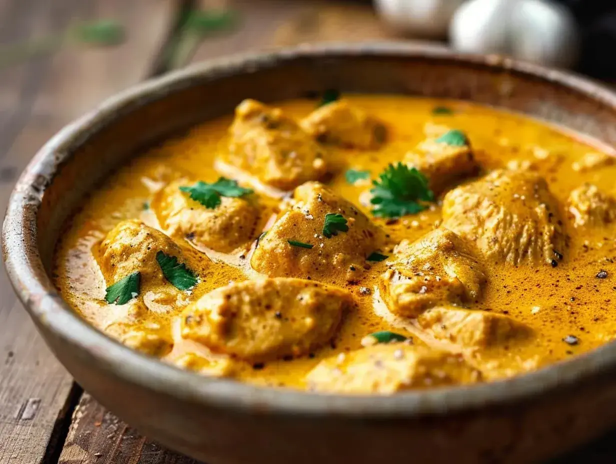 En skål med krämig kycklingcurry, toppad med färsk koriander. Curry nam nam!