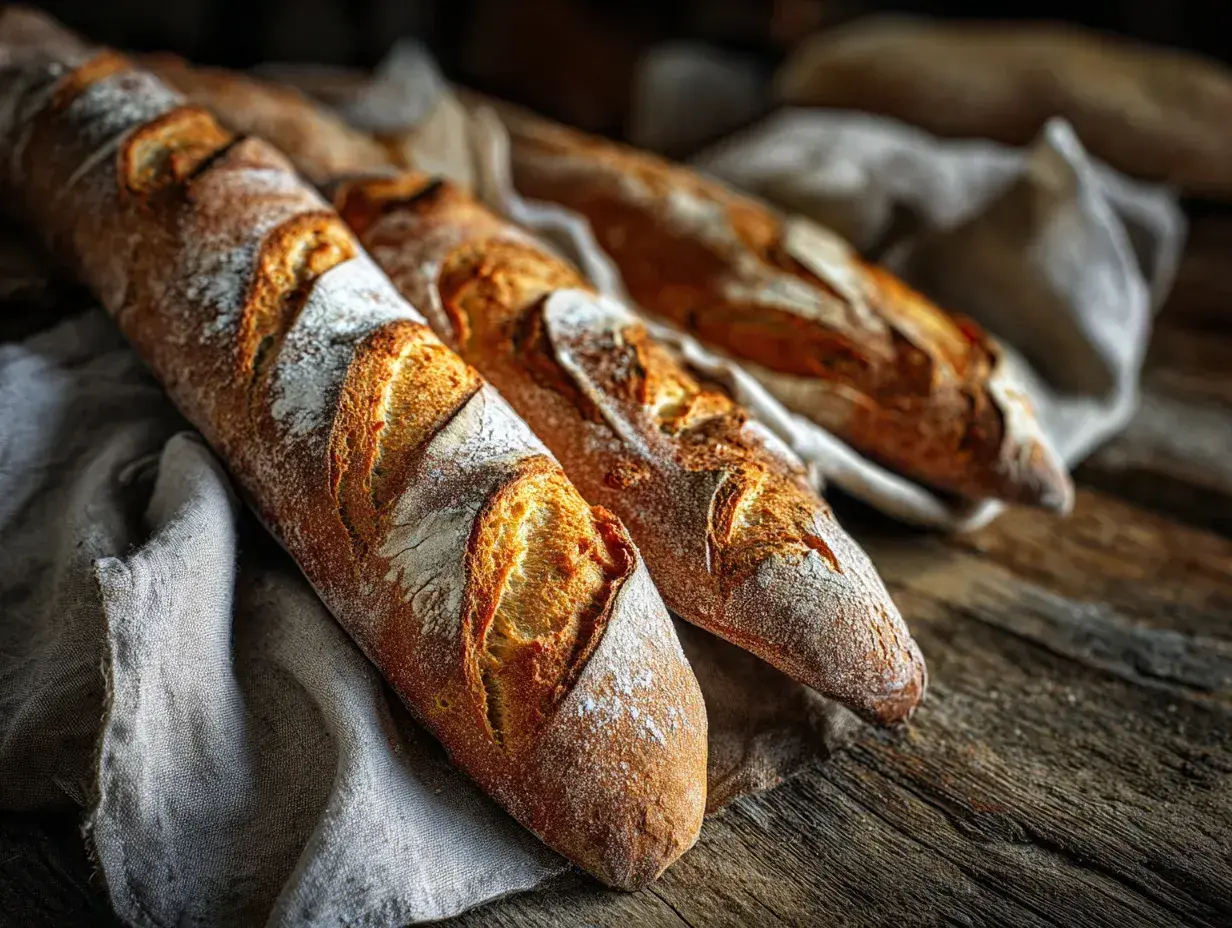 Tre nybakade baguetter med gyllene skorpa, redo för ett gott baguette recept.