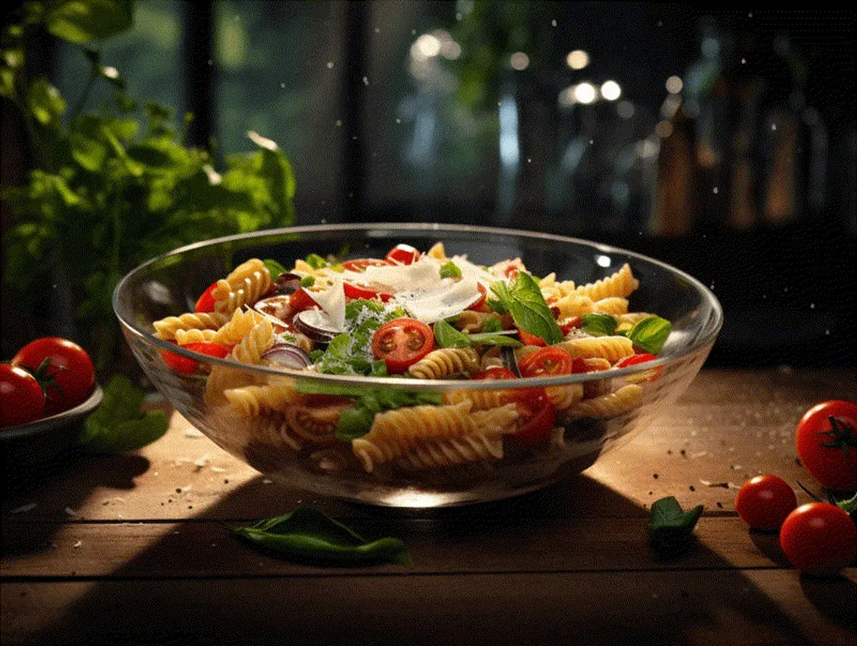 A glass bowl of fusilli pasta salad with tomatoes, basil, red onion, and shaved parmesan cheese.