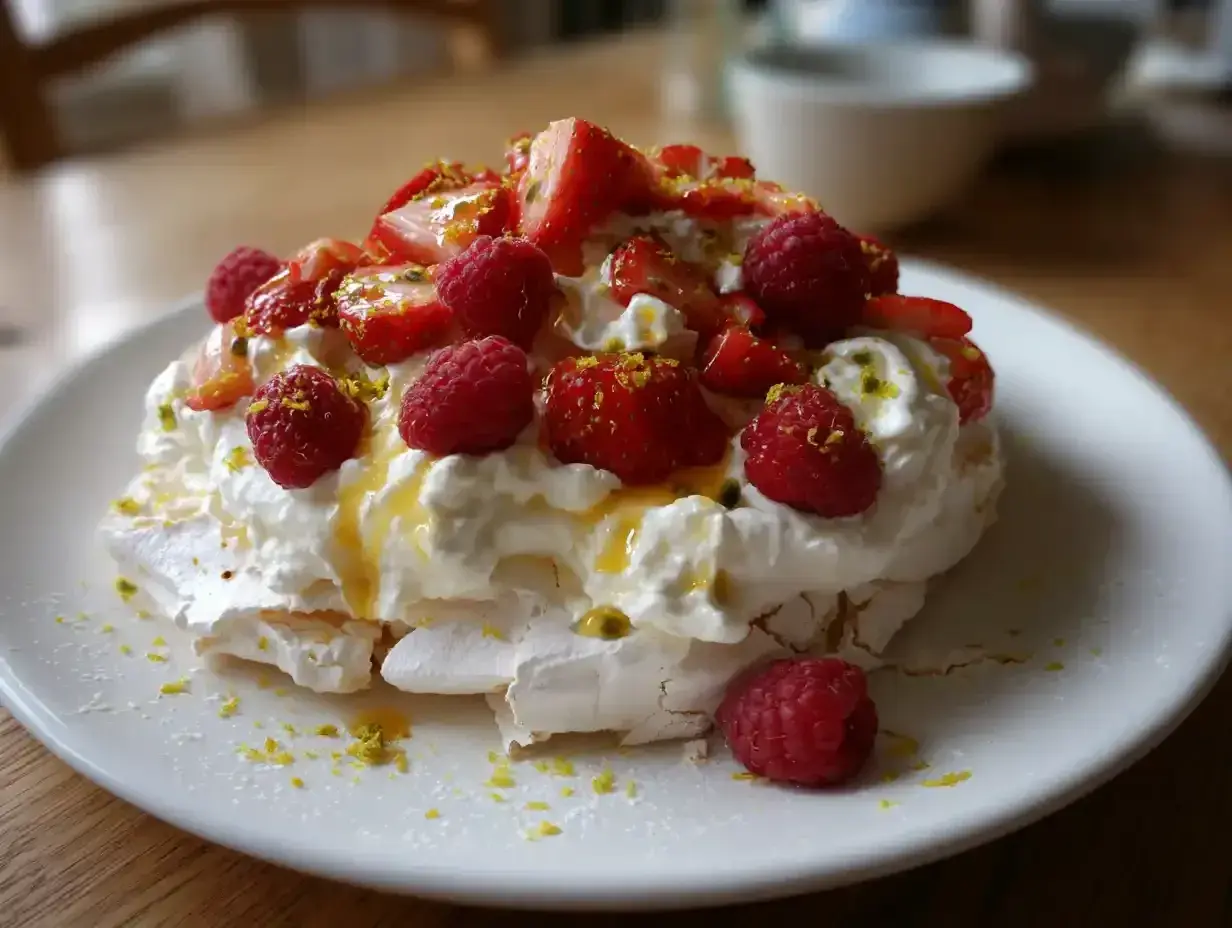 En vacker pavlova med vispgrädde, färska hallon, jordgubbar och passionsfrukt. Ett perfekt pavlova recept för sommaren.
