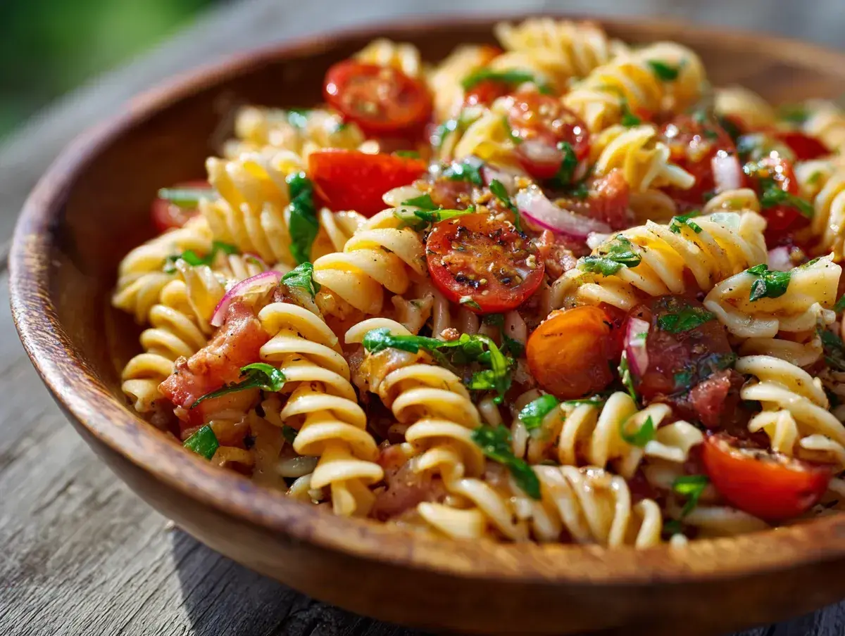 En härlig italiensk pastasallad med fusilli, körsbärstomater, rödlök och färska örter i en träskål.