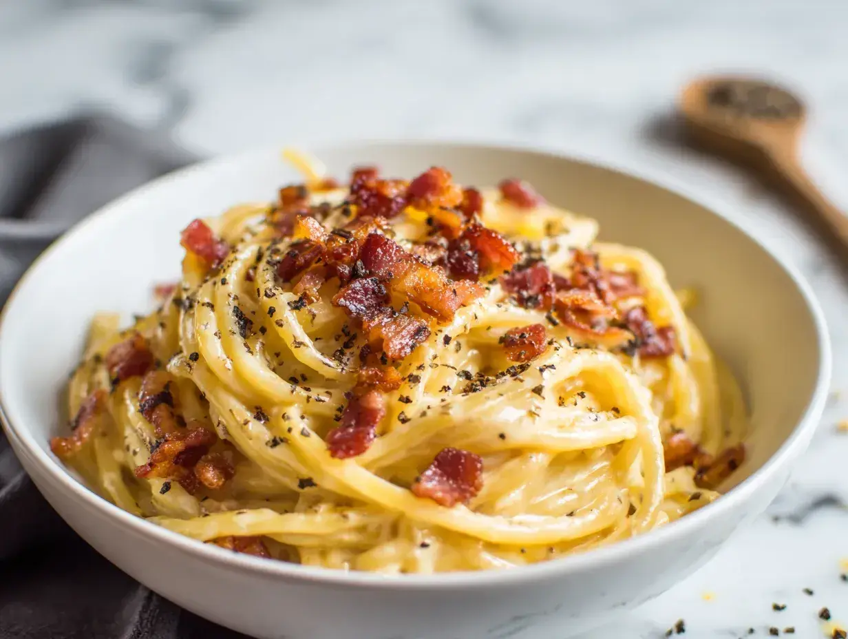 En skål med krämig pasta carbonara, toppad med krispigt bacon och nymalen svartpeppar.