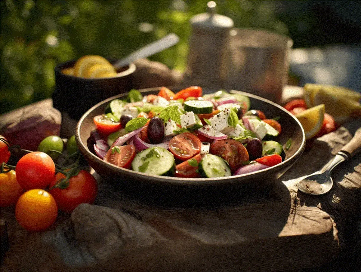 En härlig grekisk sallad med tomater, gurka, rödlök, oliver och fetaost, serverad utomhus.