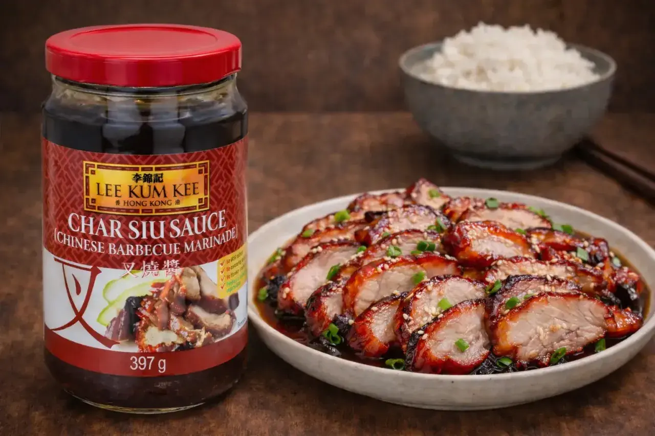 En burk Lee Kum Kee Char Siu Sauce, en kinesisk bbq sås, bredvid en tallrik med skivat, glaserat fläskkött och en skål ris.