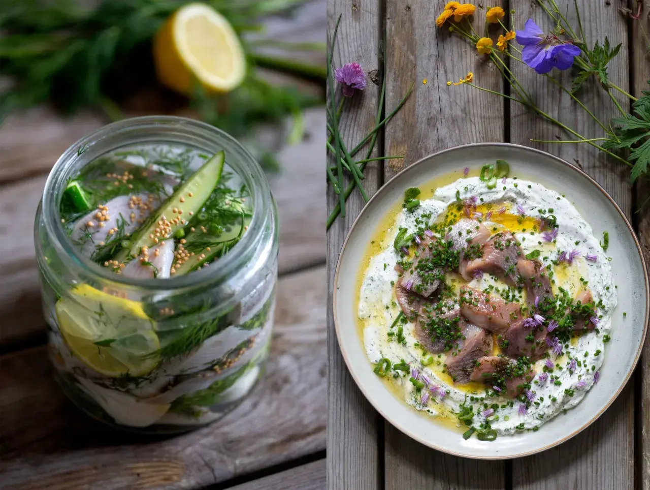 Inlagd sill i burk med dill, citron och gurka. Sill på en bädd av gräddfil med gräslök och blommor. Klassisk midsommar mat.
