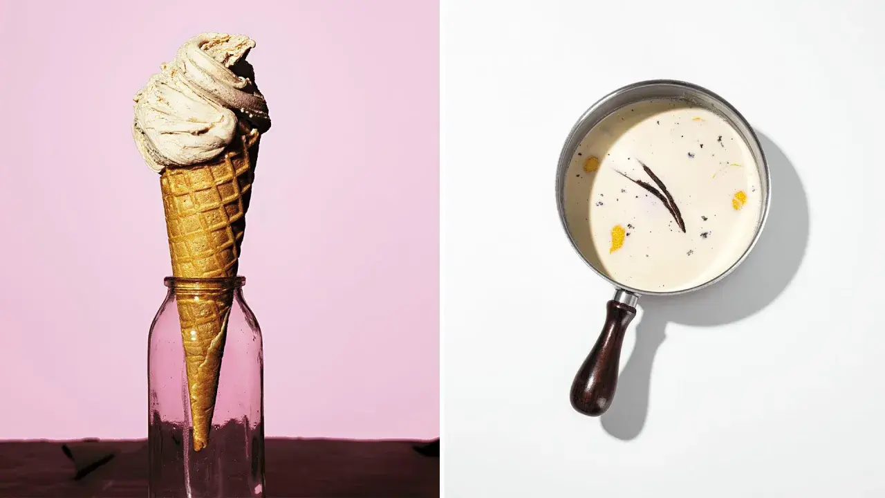 En strut med krämig glass i en glasflaska bredvid en kastrull med vaniljkräm, ingredienser för ett perfekt gelato recept.