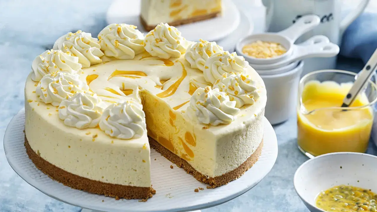 En krämig frozen cheesecake med vispad grädde och passionsfruktssås.