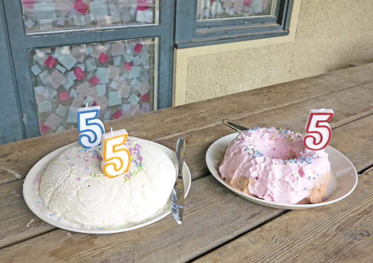 Two ice cream cakes, one white and one pink, decorated with sprinkles and "5" candles.
