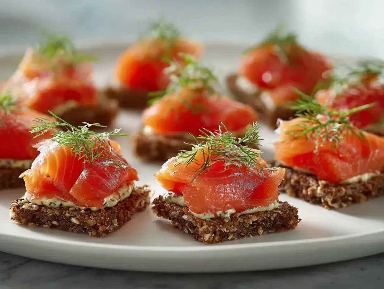 Små snittar med gravad lax på mörkt bröd, toppade med dill. En klassisk svensk delikatess.