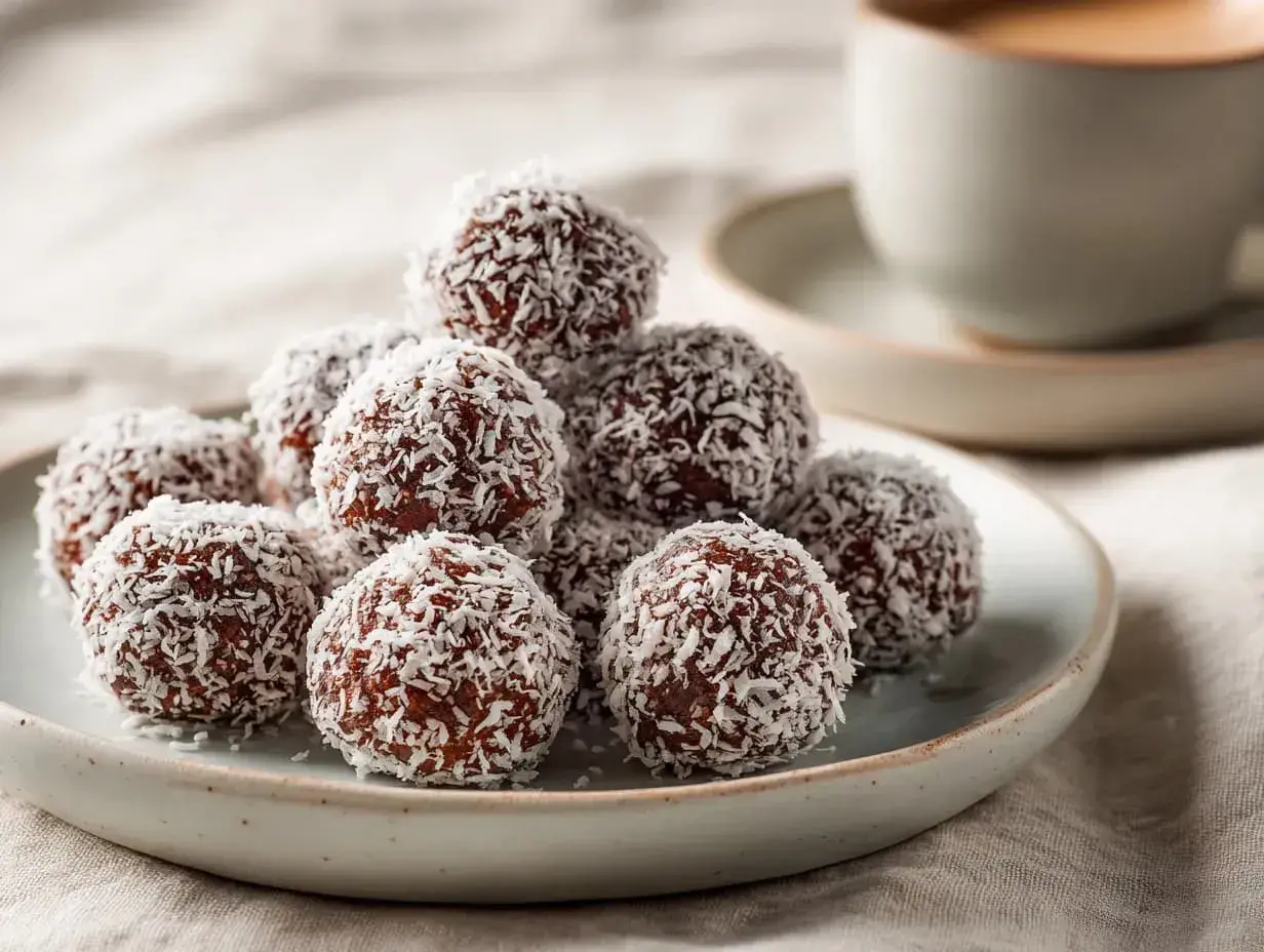 En hög med chokladbollar, rullade i kokosflingor, som ser ut att vara redo för ett chokladbollar recept. En kopp kaffe i bakgrunden.