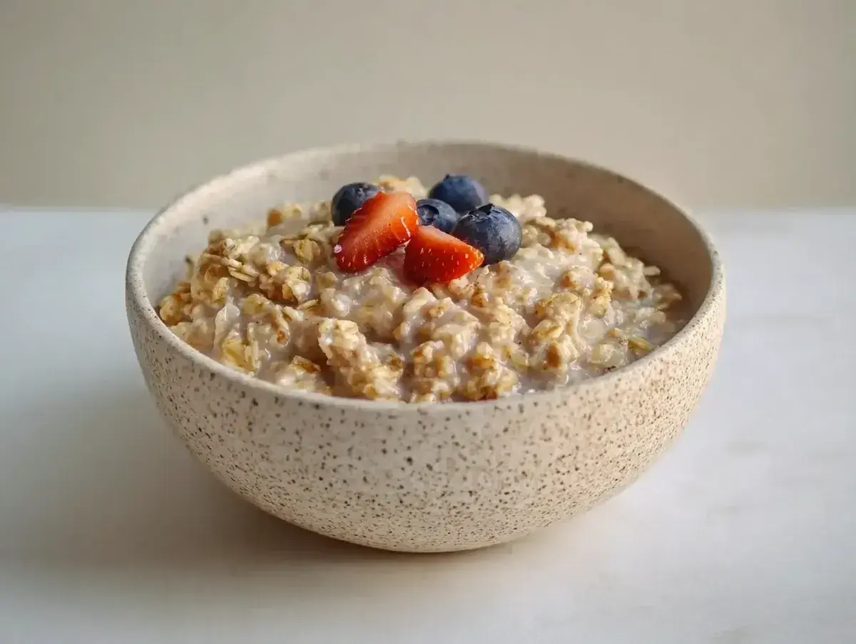 En skål med krämiga overnight oats, toppad med färska jordgubbar och blåbär. Perfekt för en snabb och näringsrik frukost.