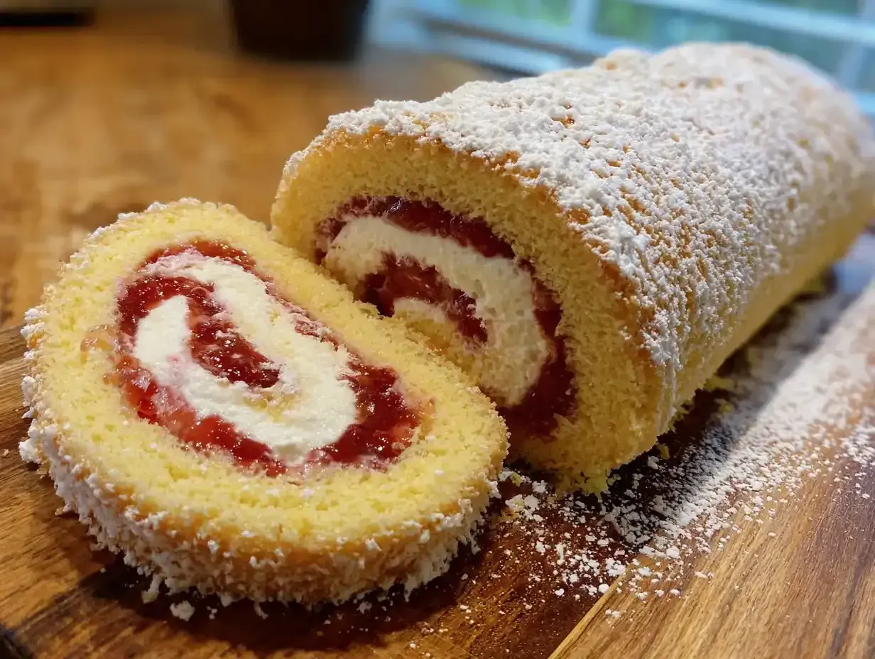 En saftig rulltårta med sylt och grädde, pudrad med florsocker. Perfekt för ett enkelt rulltårta recept.
