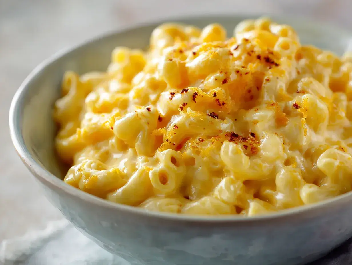 En skål med krämig mac and cheese, toppad med riven ost och lite kryddor.