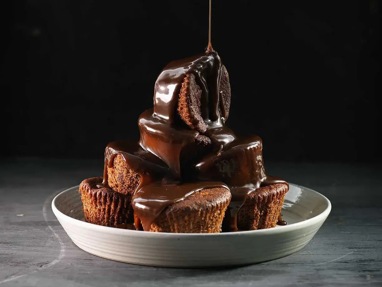 En stapel chokladmuffins, överhällda med varm chokladsås. Ett härligt sticky toffee pudding recept!