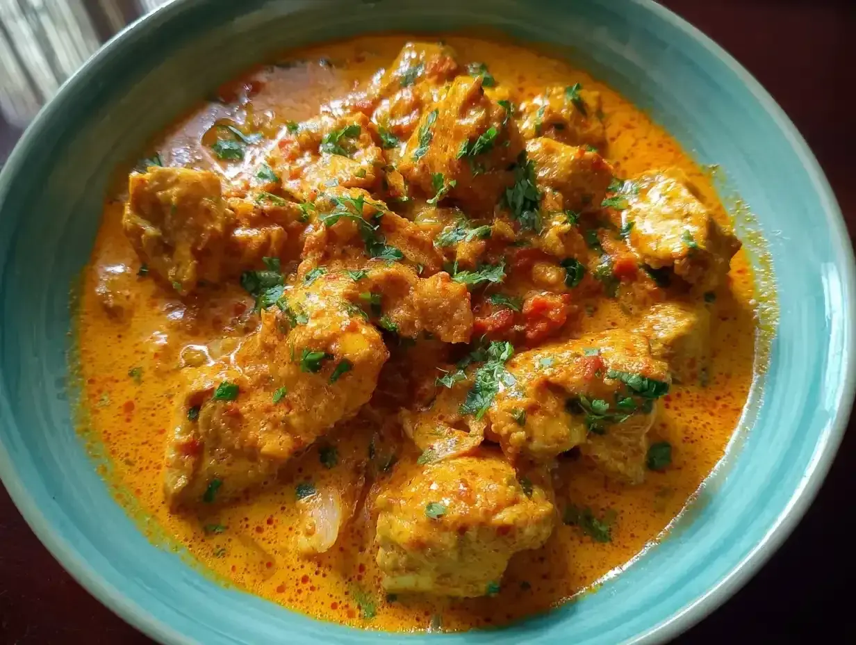 En skål med krämig tikka masala med kycklingbitar, garnerad med färsk koriander.