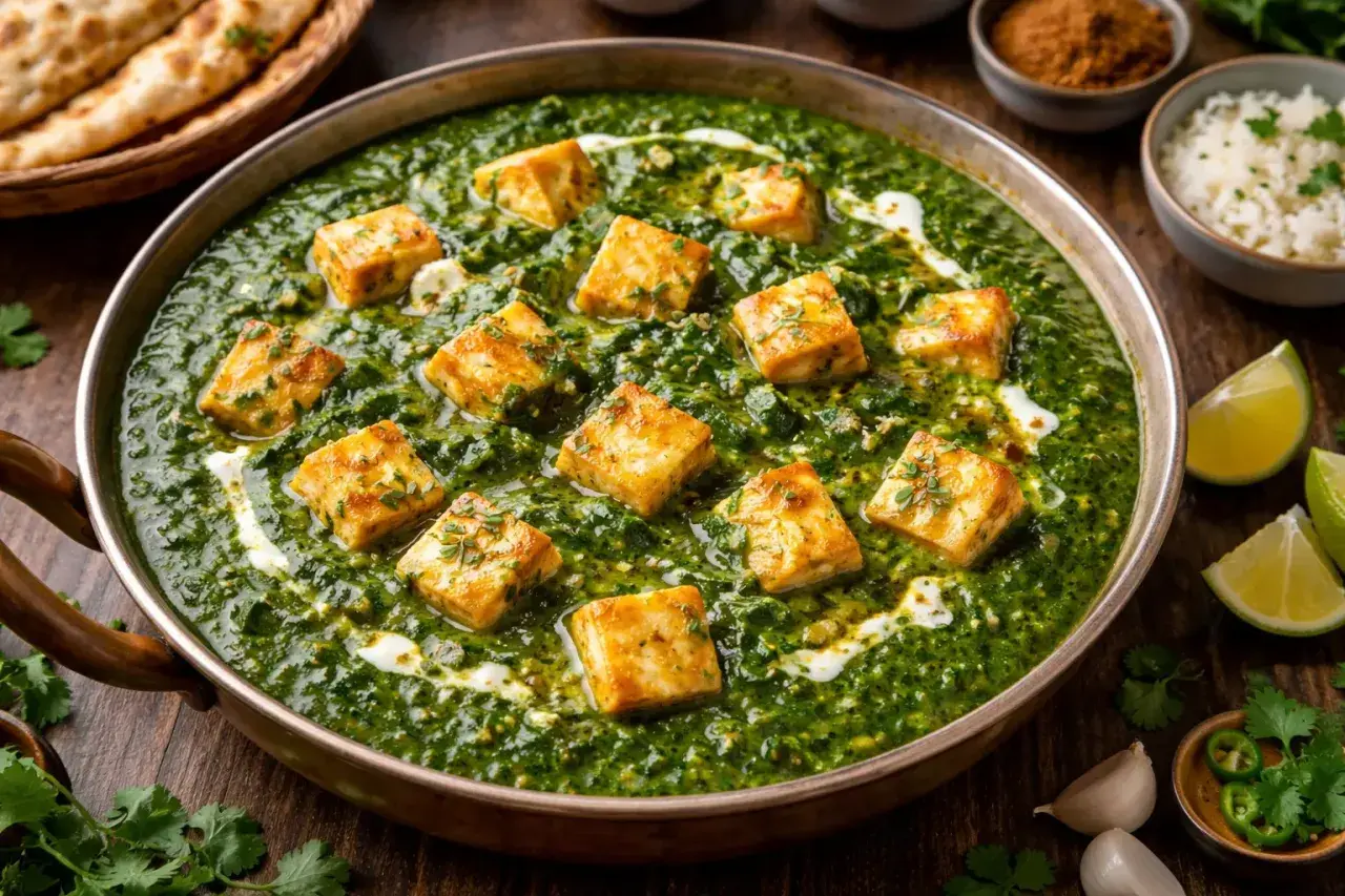 En skål med krämig palak paneer, en indisk rätt med spenat och ostkuber, garnerad med en virvel av grädde.