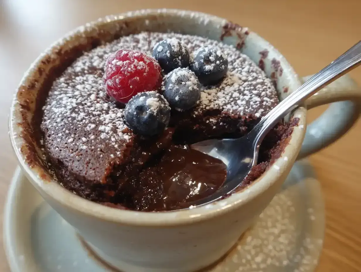 Chokladig muggkaka med bär och florsocker. Ett enkelt muggkaka recept som är perfekt för fikat.
