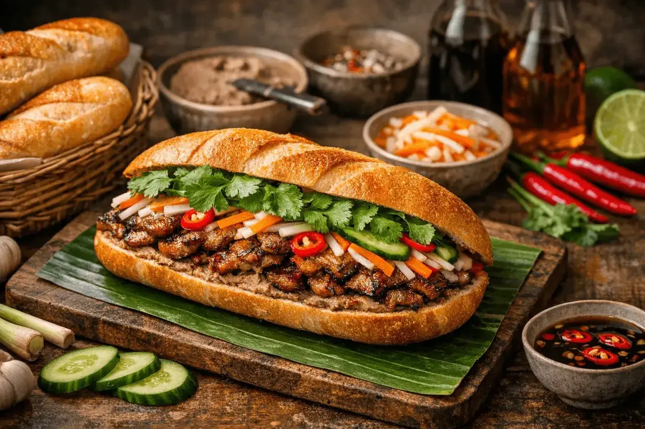 En saftig banh mi med grillat kött, färska grönsaker och koriander. Serveras med tillbehör som chilipicklad morot och gurka.