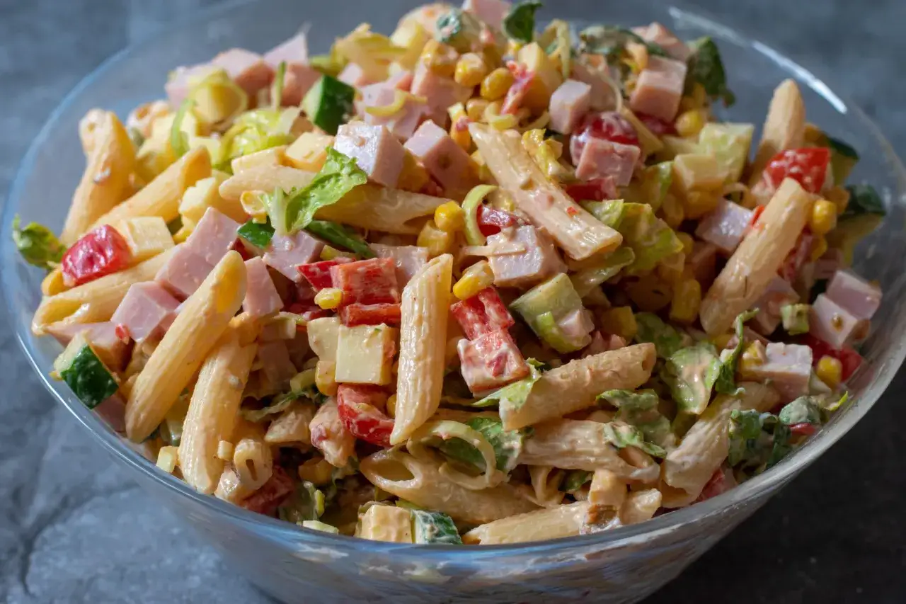 En stor skål med en härlig pastasallad med skinka, majs, gurka och tomat. Perfekt för en picknick!